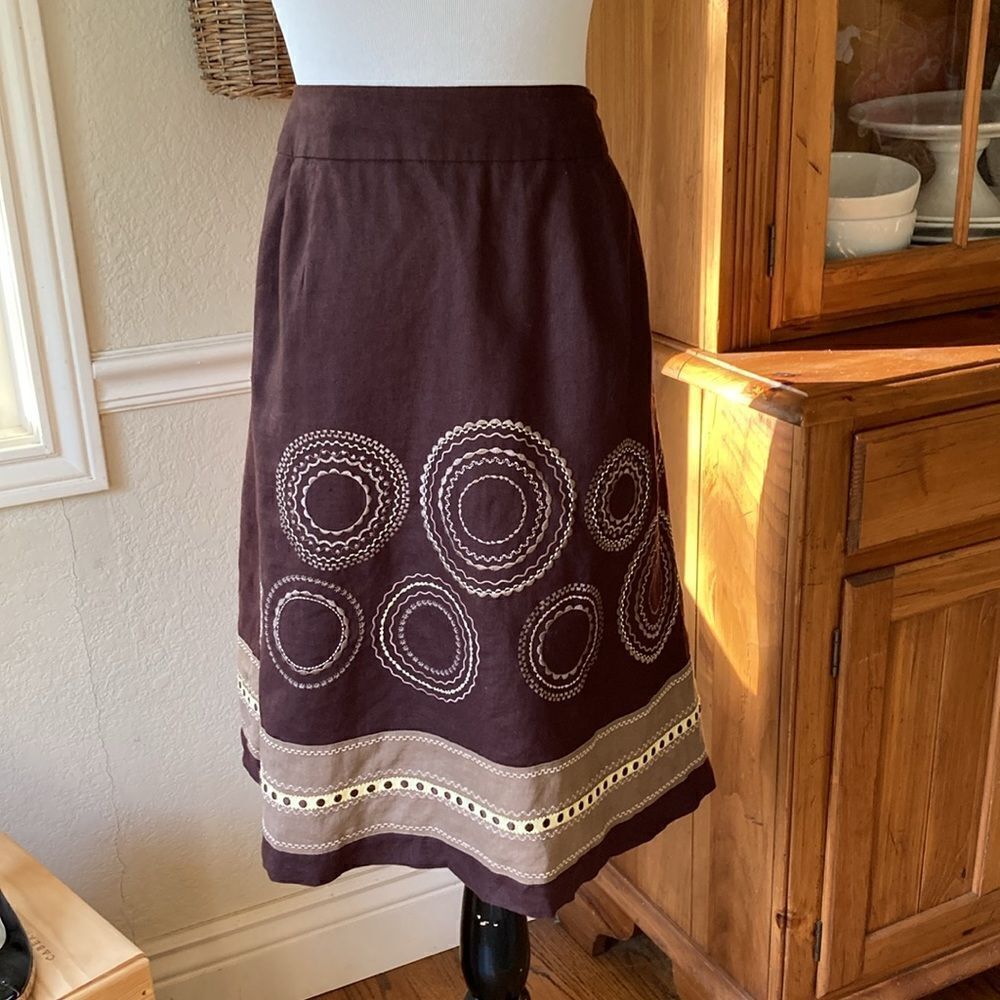 Talbots Geometric 100% Linen Fully Lined Embroidered Skirt Size 12W